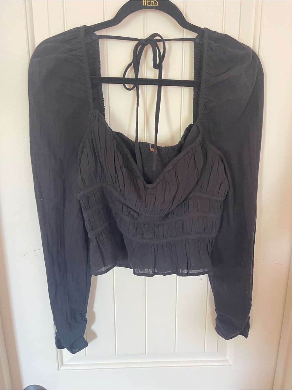 Free People Black Smocked Crop Top with Tie-Back and Balloon Sleeves